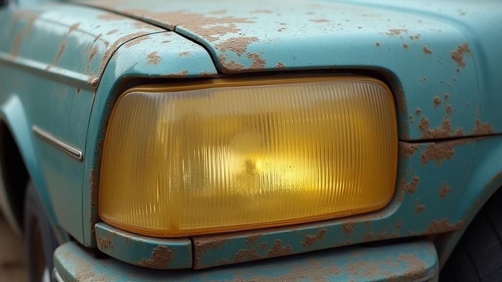 A foggy, yellowed, and oxidized car headlight.
