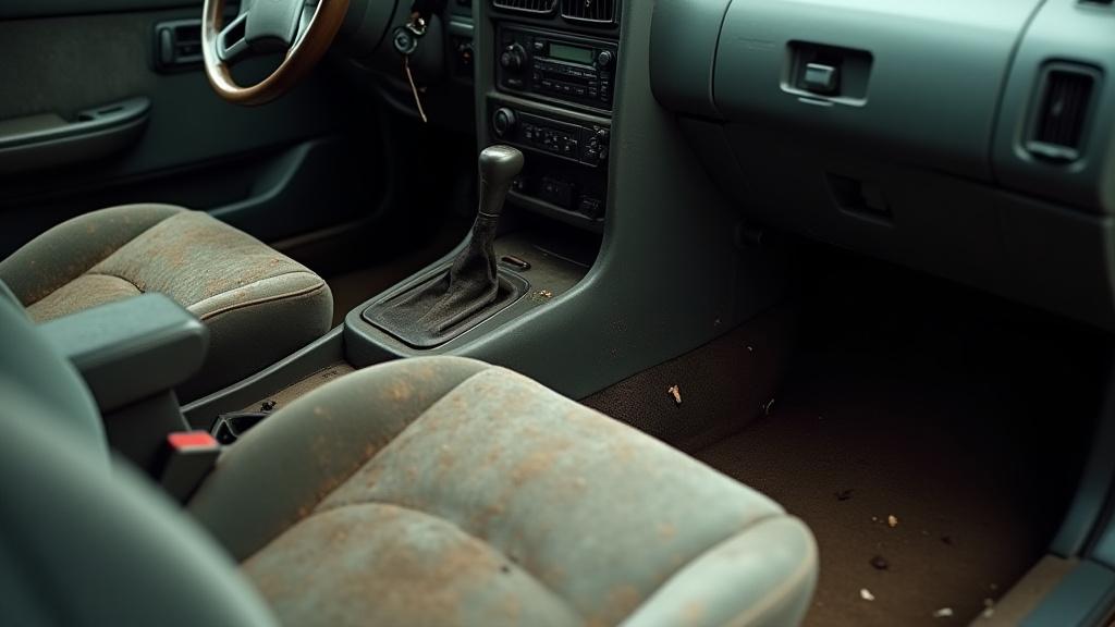 A dirty car interior with stained seats and dusty surfaces.